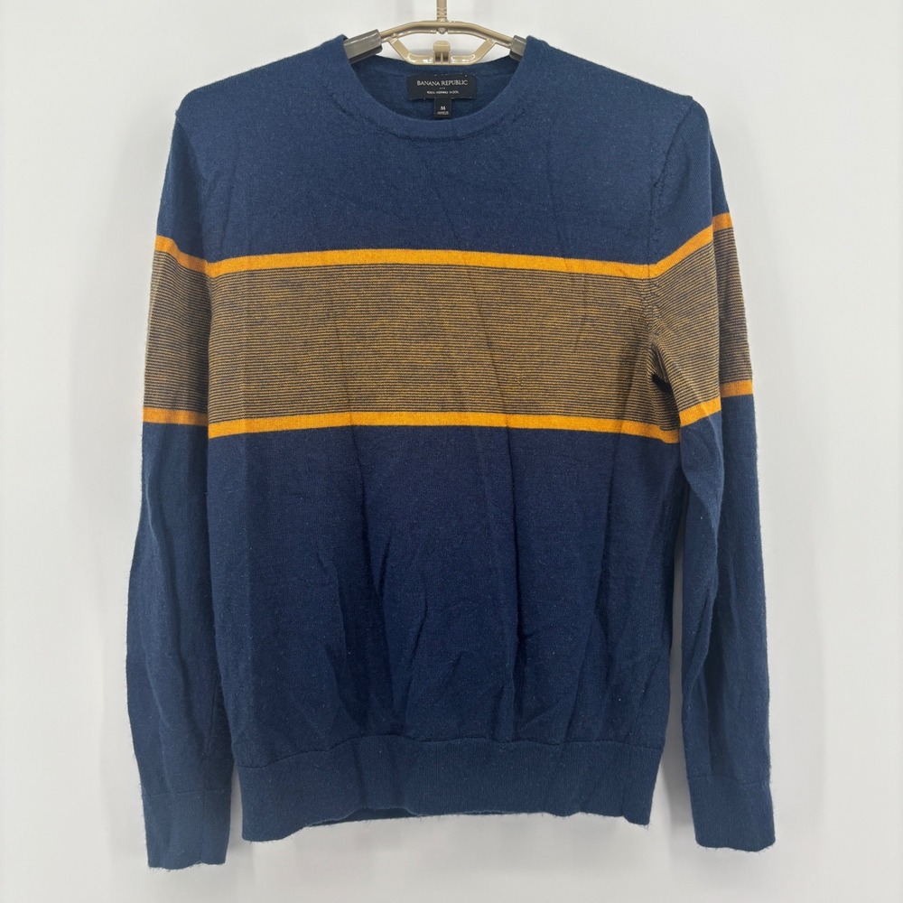Banana Republic Mens M Blue Gold Striped 100% Merino Wool Crewneck Sweater